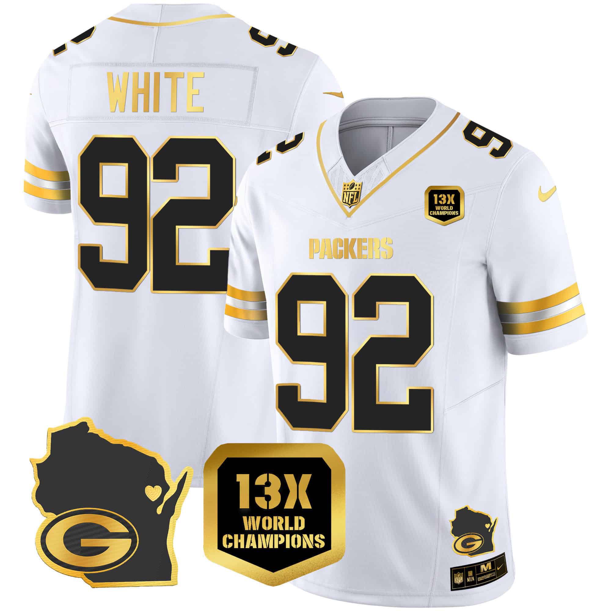 Men Green Bay Packers #92 White White Gold 2024 Nike World Champions Home Patch Vapor NFL Jersey